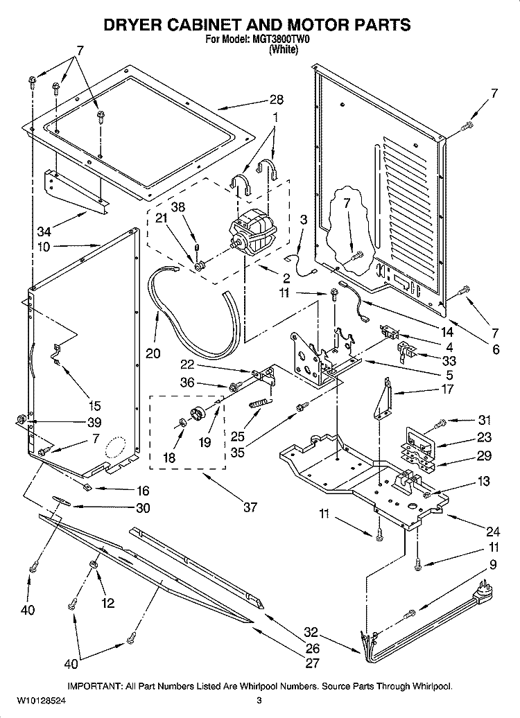 DRYER CABINET AND MOTOR PARTS Diagram and Parts List for MGT3800TW0  Maytag Washer Dryer Combo