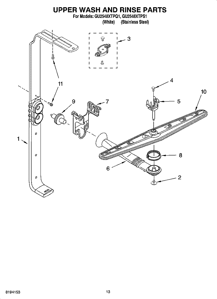 UPPER WASH AND RINSE PARTS Diagram and Parts List for GU2548XTPS1  Whirlpool Dishwasher