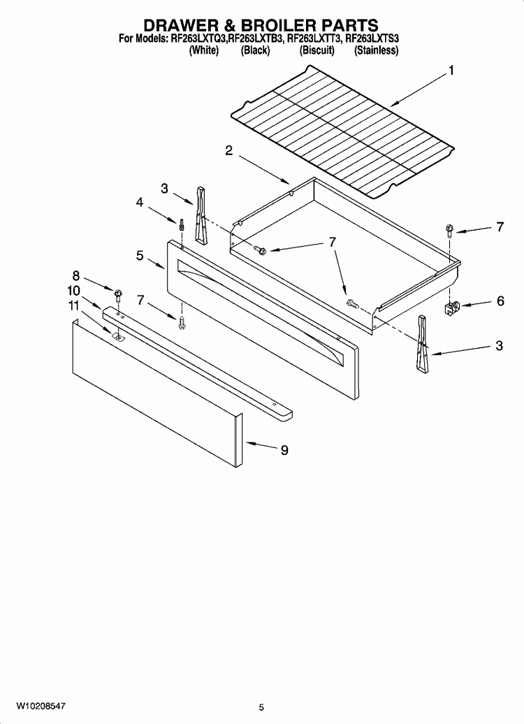 DRAWER & BROILER PARTS Diagram and Parts List for RF263LXTT3  Whirlpool Range