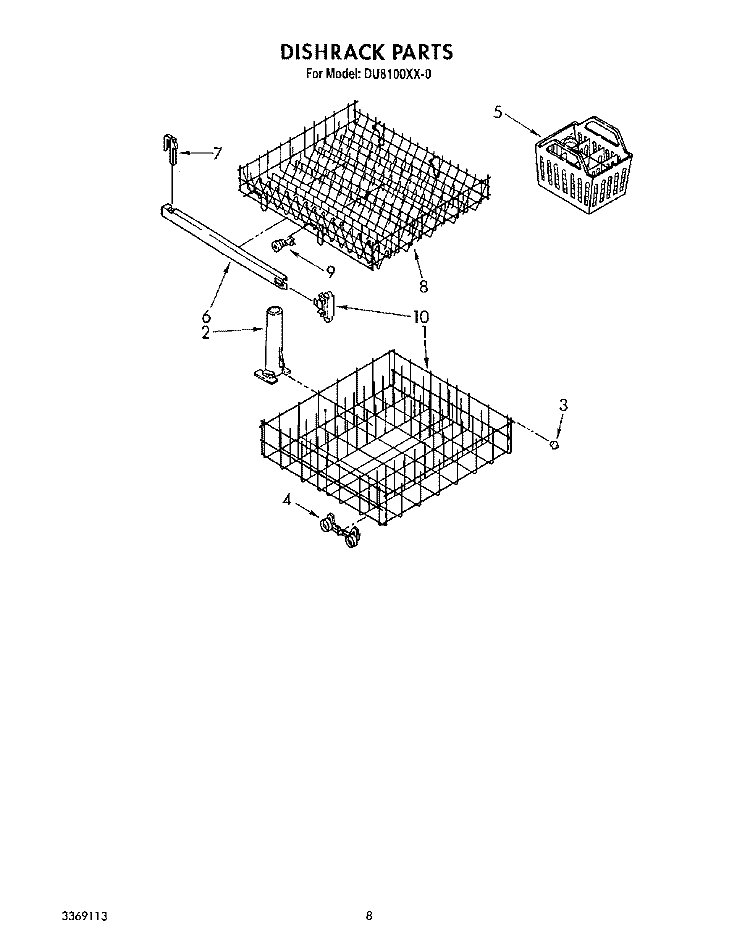 DISHRACK Diagram and Parts List for DU8100XX0  Whirlpool Dishwasher
