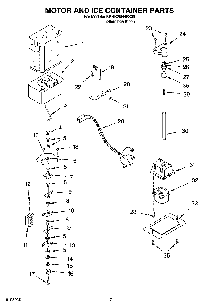 MOTOR AND ICE CONTAINER PARTS Diagram and Parts List for KSRB25FNSS00  KitchenAid Refrigerator
