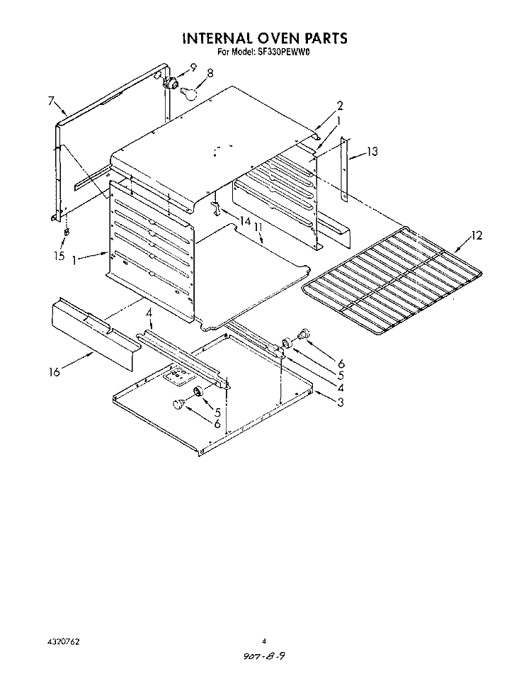 INTERNAL OVEN Diagram and Parts List for SF330PEWW0  Whirlpool Range