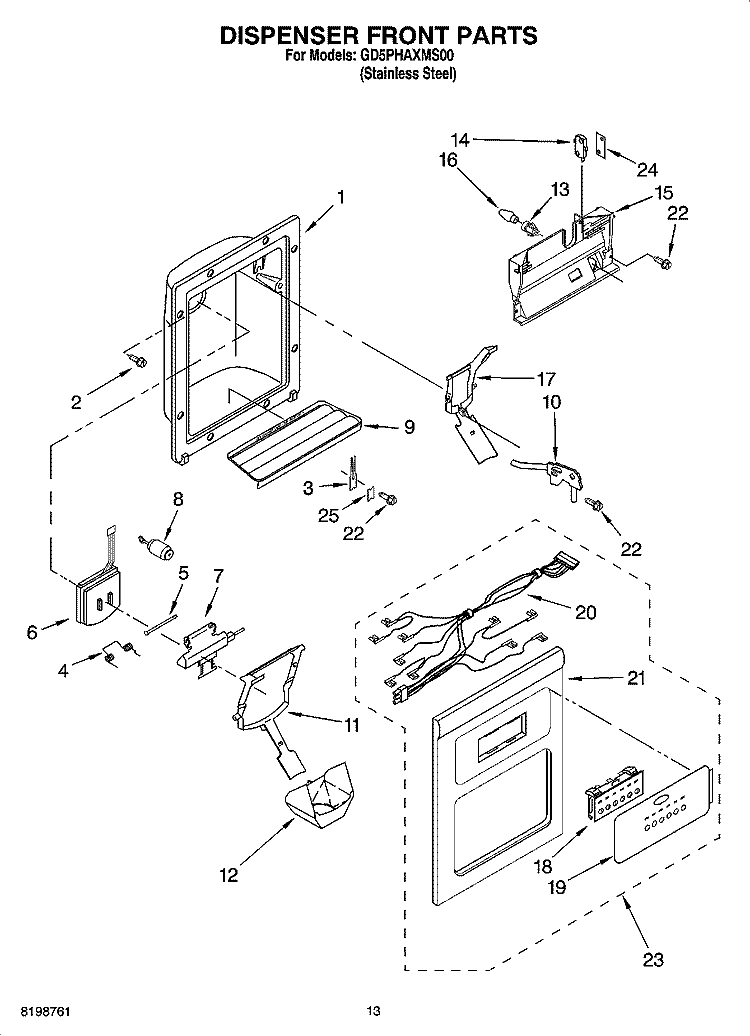 DISPENSER FRONT PARTS Diagram and Parts List for GD5PHAXMS00  Whirlpool Refrigerator