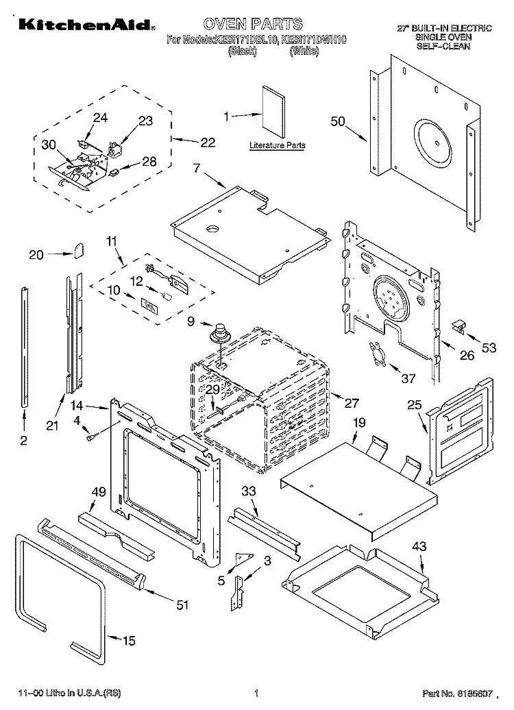OVEN, LITERATURE Diagram and Parts List for KEBI171DBL10  KitchenAid Wall Oven