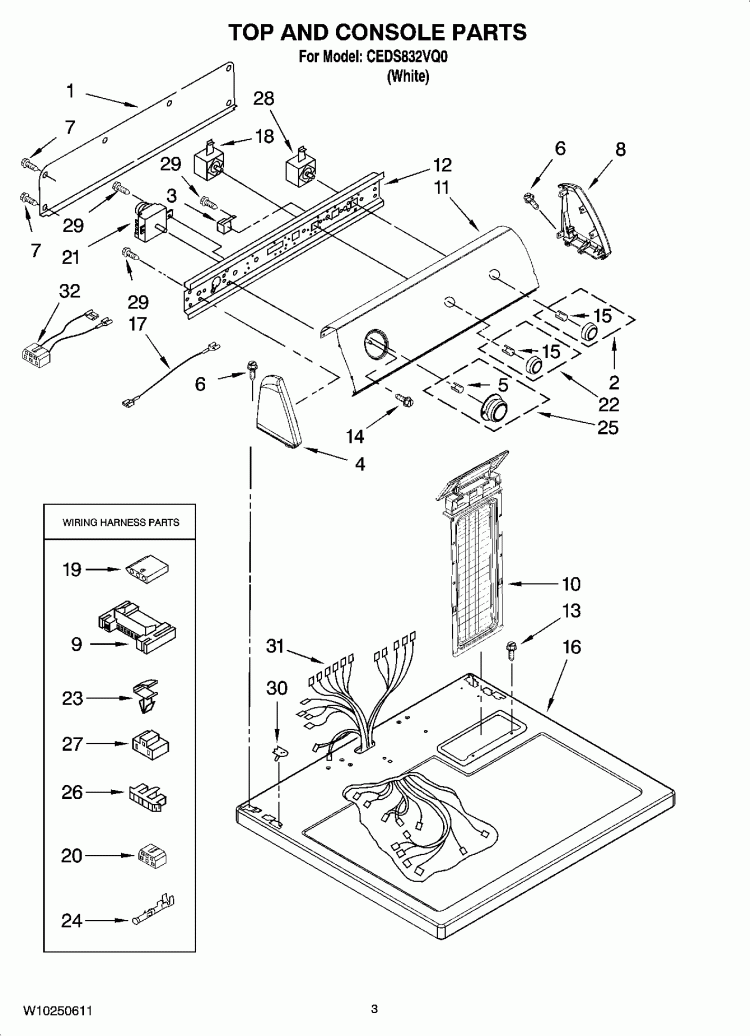 TOP AND CONSOLE PARTS Diagram and Parts List for CEDS832VQ0  Crosley Dryer