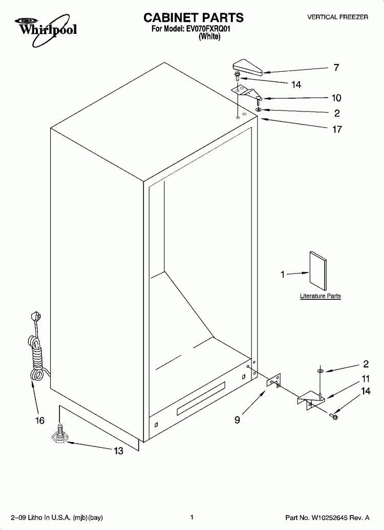 CABINET PARTS Diagram and Parts List for EV070FXRQ01  Whirlpool Freezer