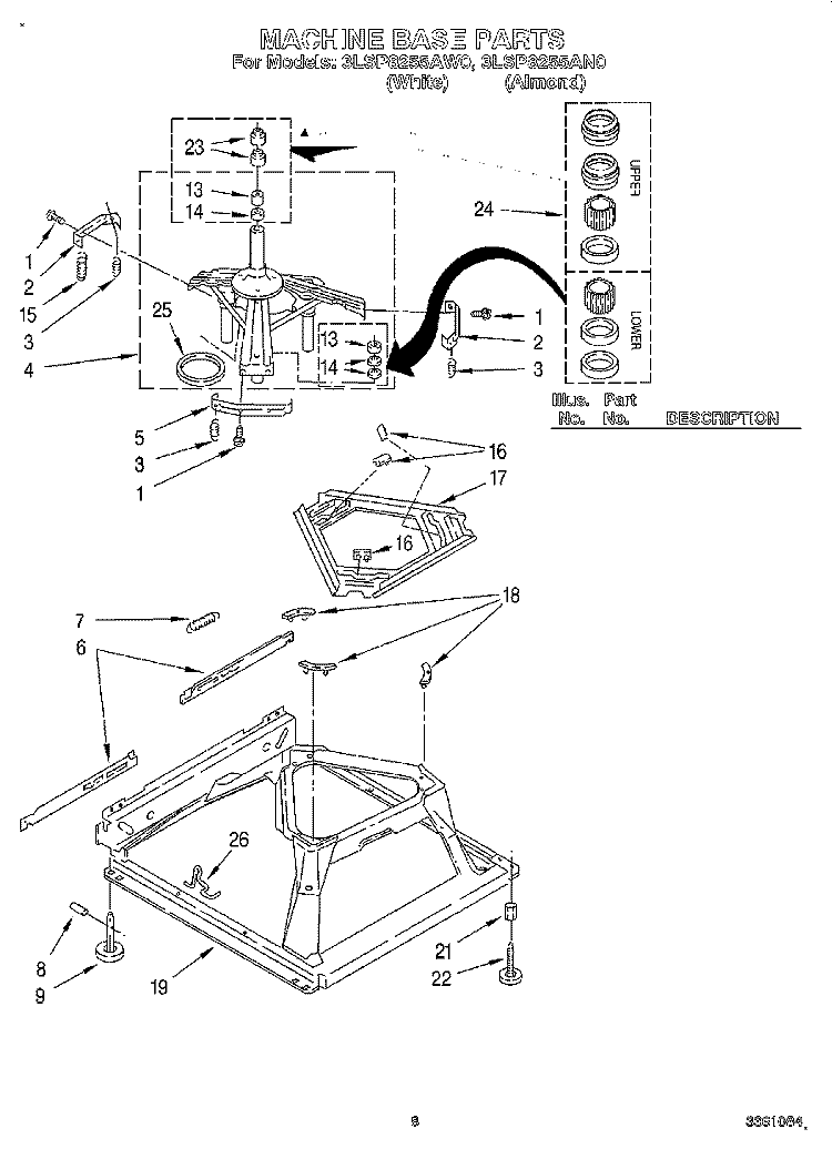 MACHINE BASE Diagram and Parts List for 3LSP8255AW0  Whirlpool Washer