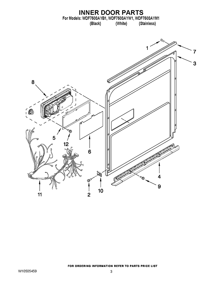 INNER DOOR PARTS Diagram and Parts List for WDF750SAYW1  Whirlpool Dishwasher