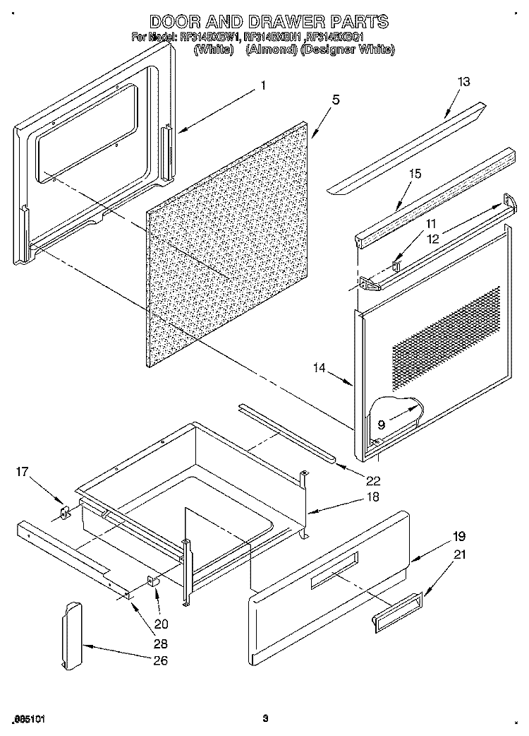 DOOR AND DRAWER Diagram and Parts List for RF314BXBW1  Whirlpool Range