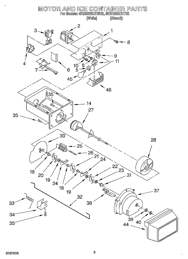 MOTOR AND ICE CONTAINER Diagram and Parts List for 4KSRS25CHT00  KitchenAid Refrigerator