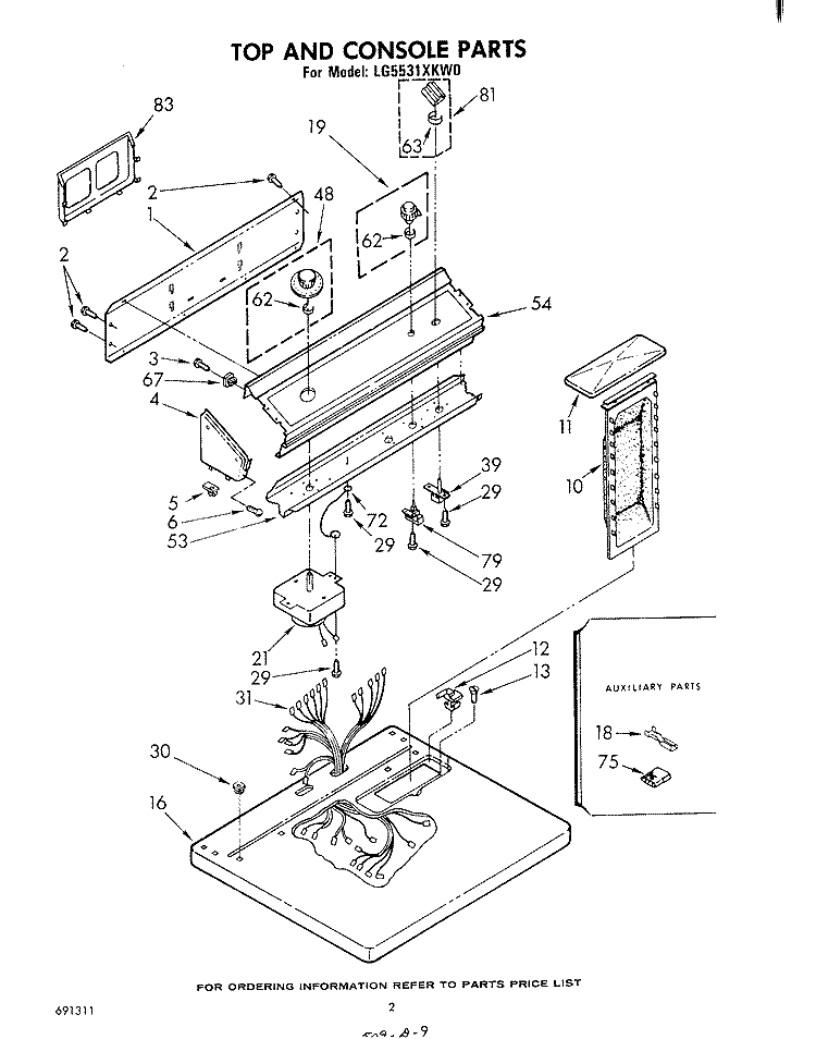 TOP AND CONSOLE , LITERATURE AND OPTIONAL Diagram and Parts List for LG5531XKW0  Whirlpool Dryer