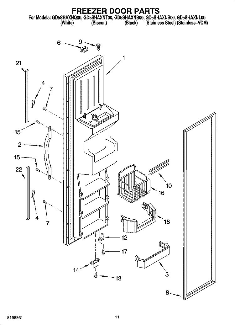 FREEZER DOOR PARTS Diagram and Parts List for GD5SHAXNS00  Whirlpool Refrigerator
