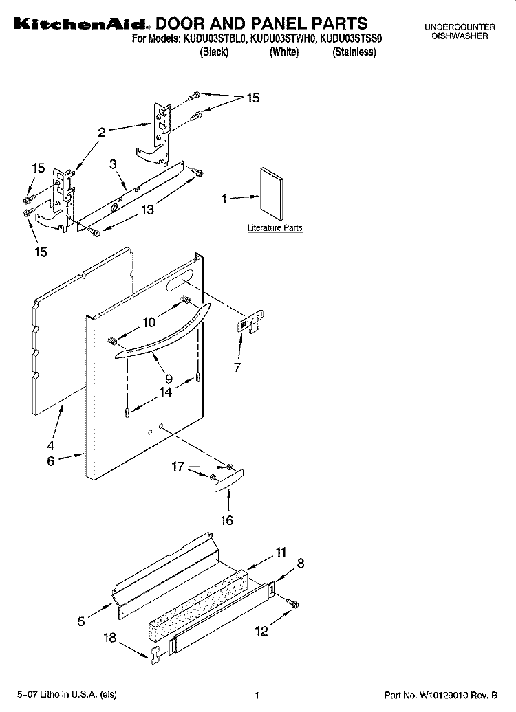 DOOR AND PANEL PARTS Diagram and Parts List for KUDU03STBL0  KitchenAid Dishwasher