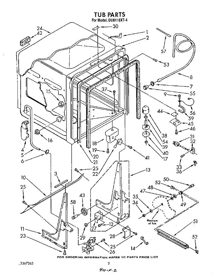 TUB, LITERATURE AND OPTIONAL Diagram and Parts List for DU8116XT4  Whirlpool Dishwasher
