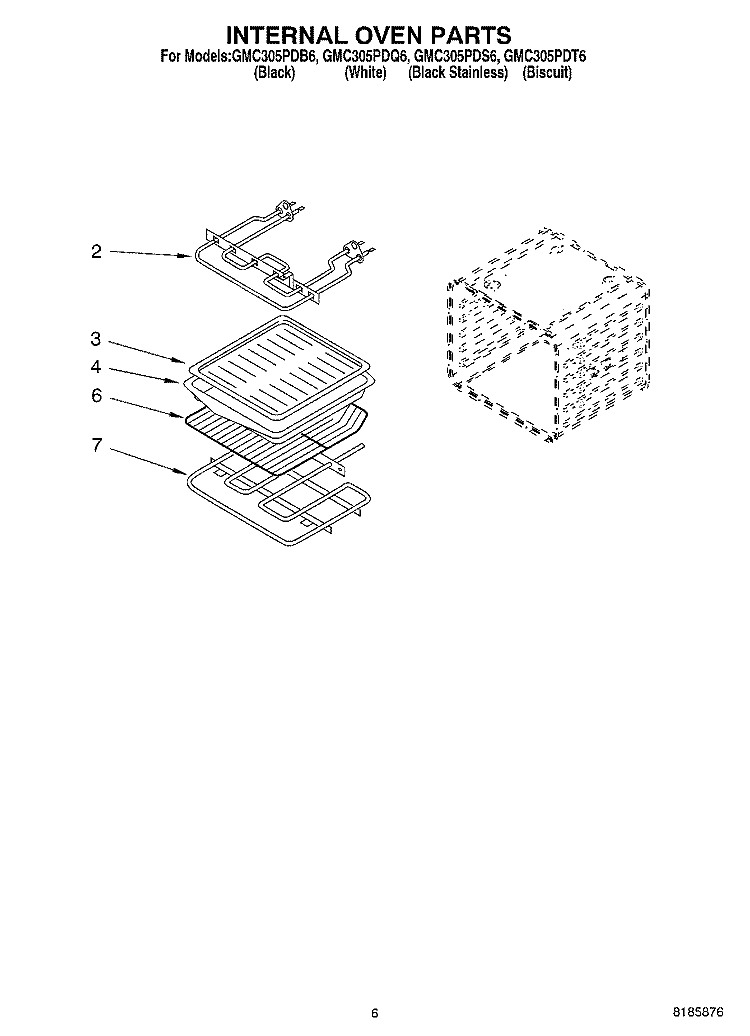INTERNAL OVEN Diagram and Parts List for GMC305PDB6  Whirlpool Microwave Oven Combo