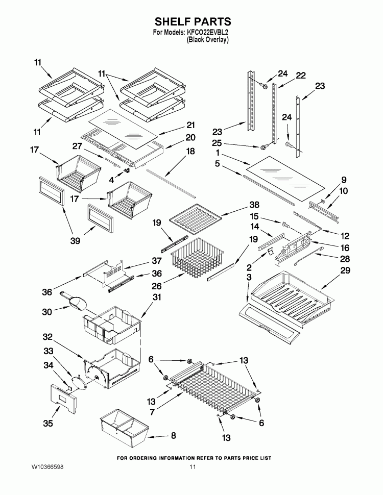 SHELF PARTS Diagram and Parts List for KFCO22EVBL2  KitchenAid Refrigerator