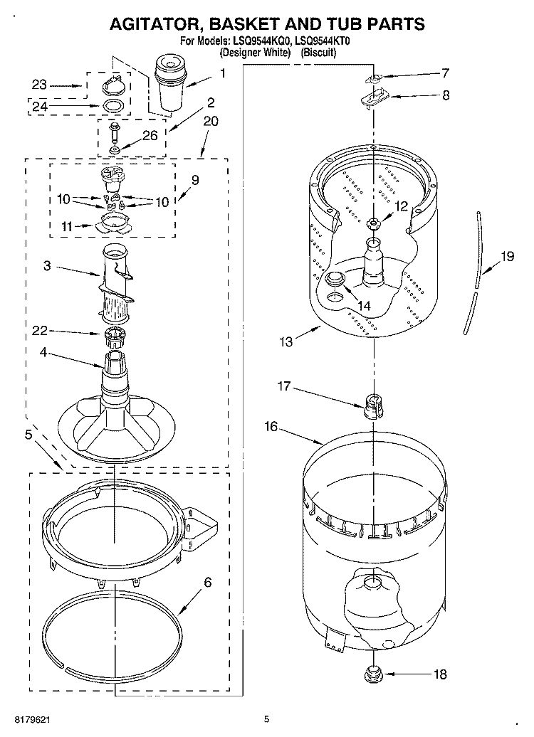 AGITATOR, BASKET, AND TUB Diagram and Parts List for LSQ9544KT0  Whirlpool Washer