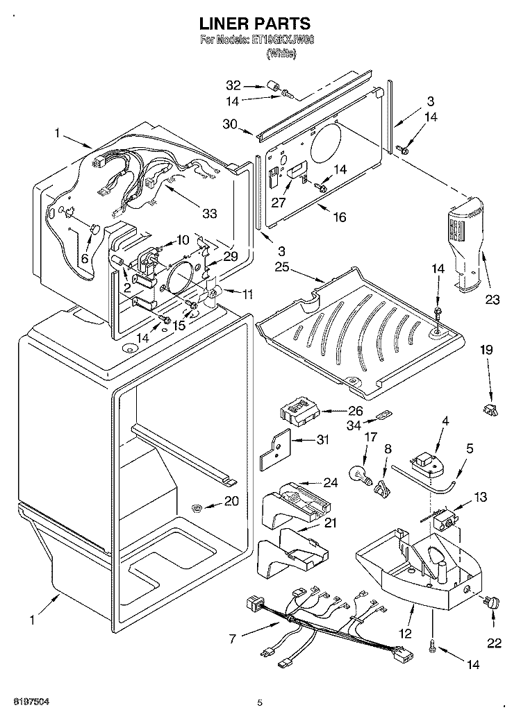 LINER Diagram and Parts List for ET19GKXJW00  Whirlpool Refrigerator