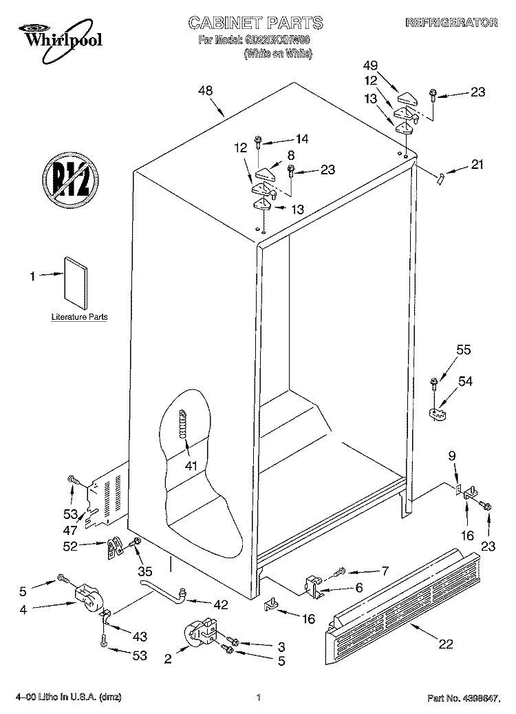 CABINET, LITERATURE Diagram and Parts List for GD22DKXHW00  Whirlpool Refrigerator