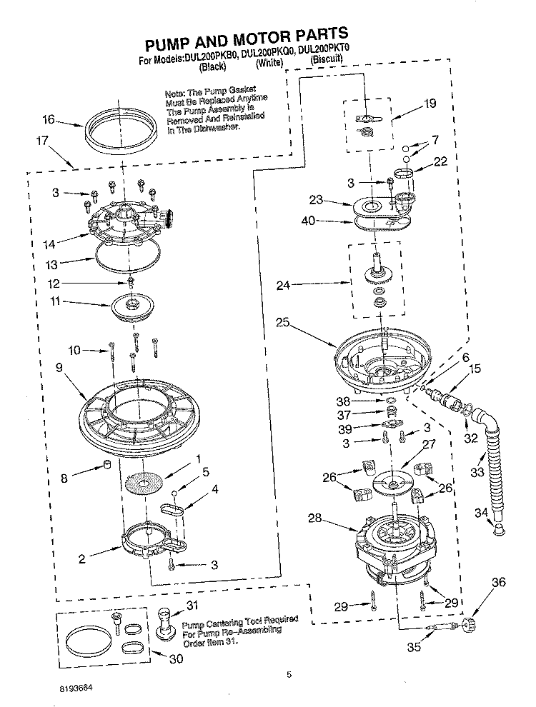 PUMP AND MOTOR Diagram and Parts List for DUL200PKB0  Whirlpool Dishwasher