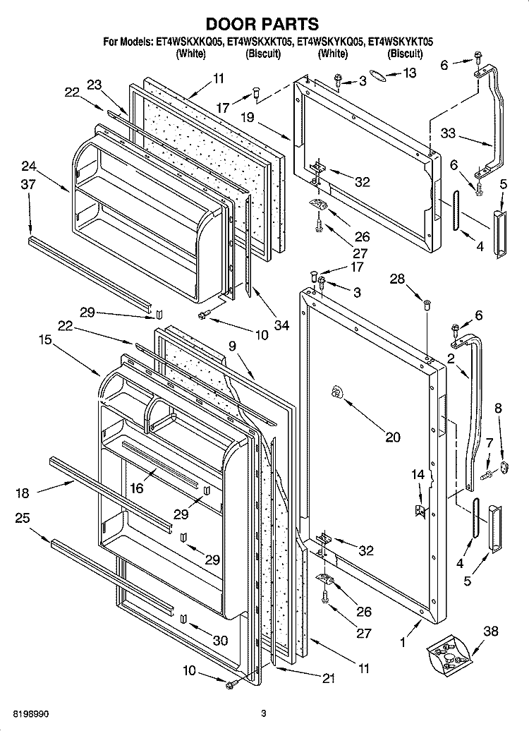 DOOR PARTS Diagram and Parts List for ET4WSKYKQ05  Whirlpool Refrigerator