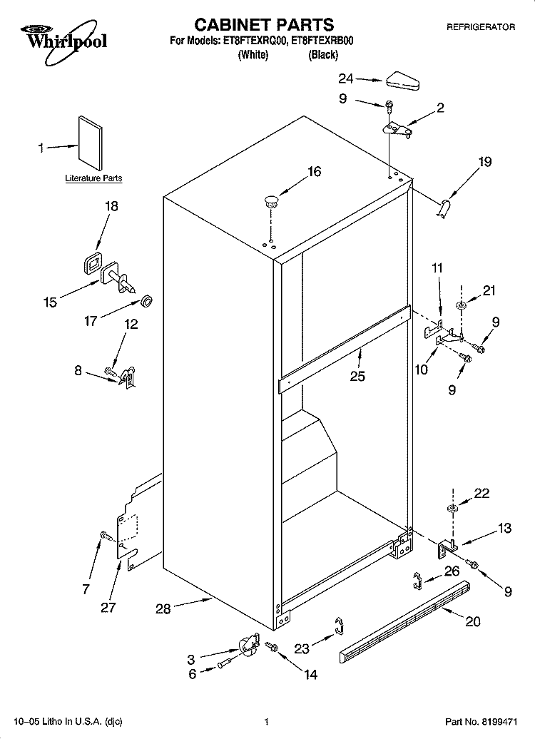 CABINET PARTS Diagram and Parts List for ET8FTEXRB00  Whirlpool Refrigerator