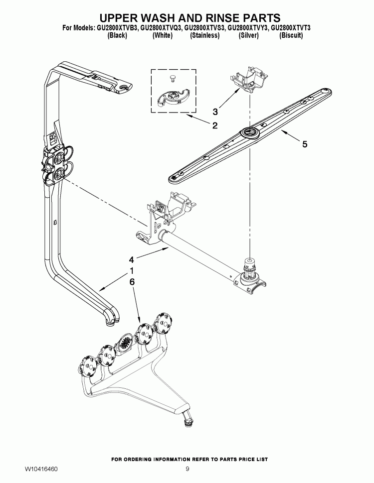 UPPER WASH AND RINSE PARTS Diagram and Parts List for GU2800XTVS3  Whirlpool Dishwasher