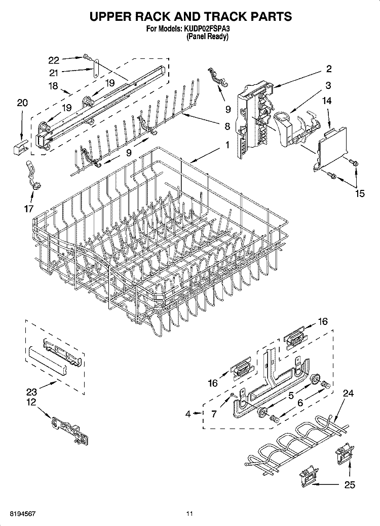 UPPER RACK AND TRACK PARTS Diagram and Parts List for KUDP02FSPA3  KitchenAid Dishwasher