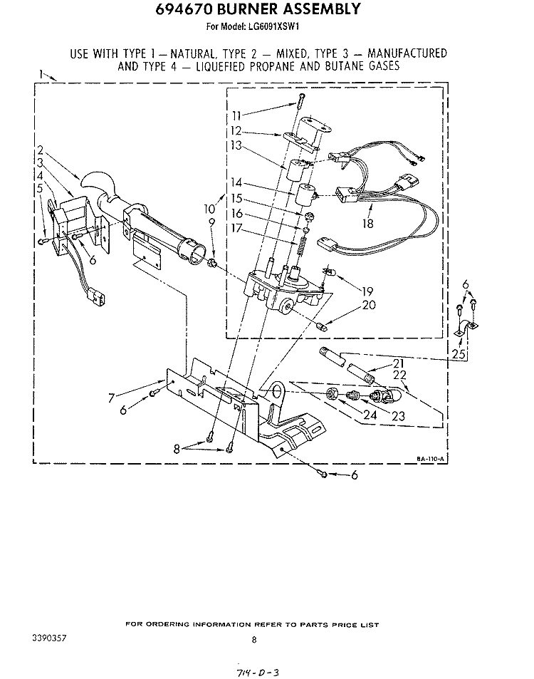 694670 BURNER Diagram and Parts List for LG6091XSW1  Whirlpool Dryer
