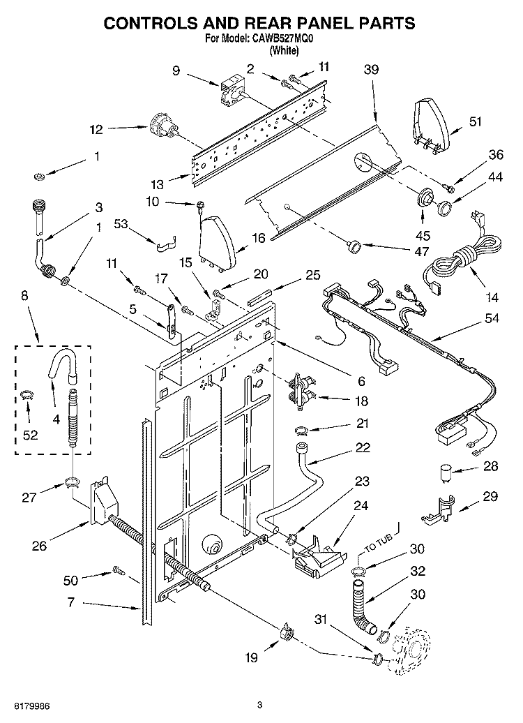 CONTROL AND REAR PANEL PARTS Diagram and Parts List for CAWB527MQ0  Crosley Washer