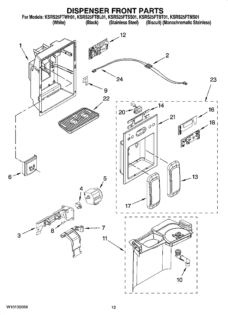 DISPENSER FRONT PARTS Diagram and Parts List for KSRS25FTSS01  KitchenAid Refrigerator