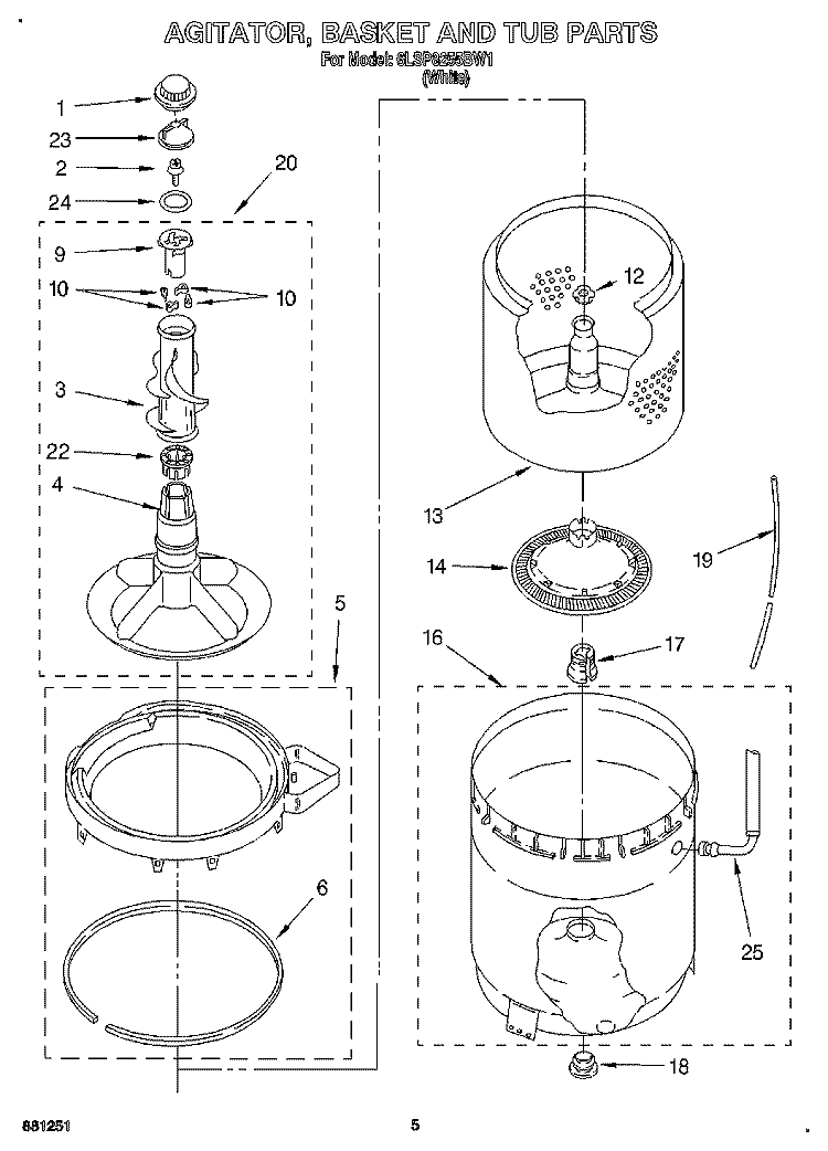 AGITATOR, BASKET AND TUB Diagram and Parts List for 6LSP8255BW1  Whirlpool Washer