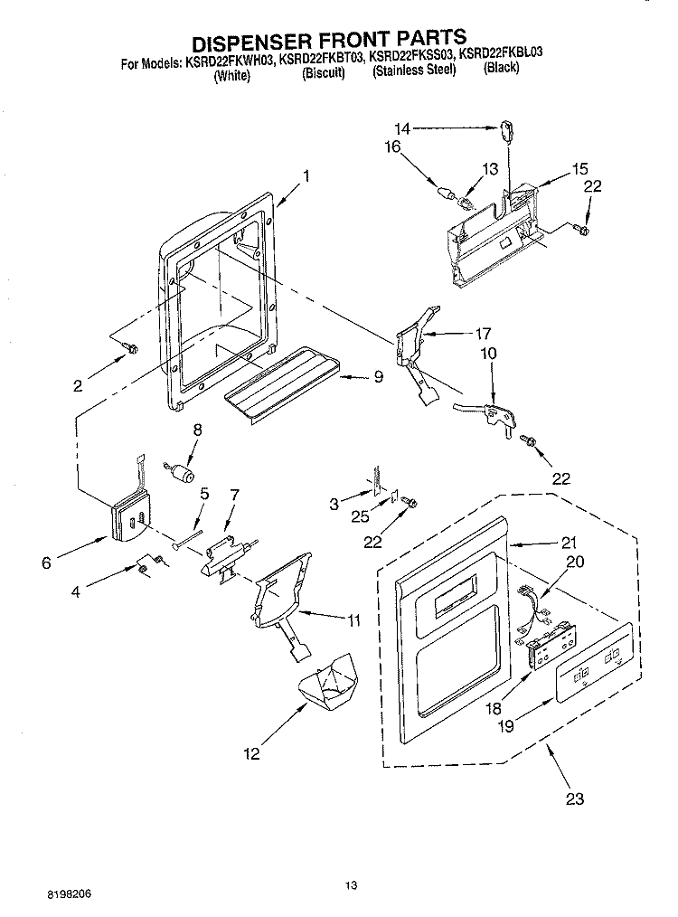 DISPENSER FRONT PARTS Diagram and Parts List for KSRD22FKBL03  KitchenAid Refrigerator