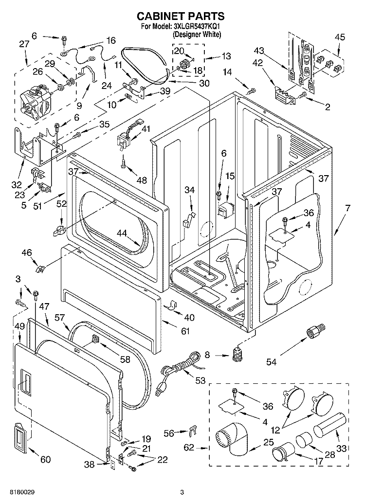 CABINET PARTS Diagram and Parts List for 3XLGR5437KQ1  Whirlpool Dryer