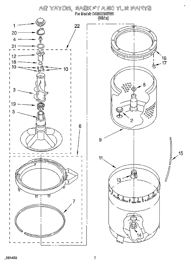 AGITATOR, BASKET AND TUB Diagram and Parts List for CAW2792EW0  Whirlpool Washer