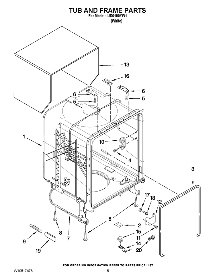 TUB AND FRAME PARTS Diagram and Parts List for IUD6100YW1  Whirlpool Dishwasher
