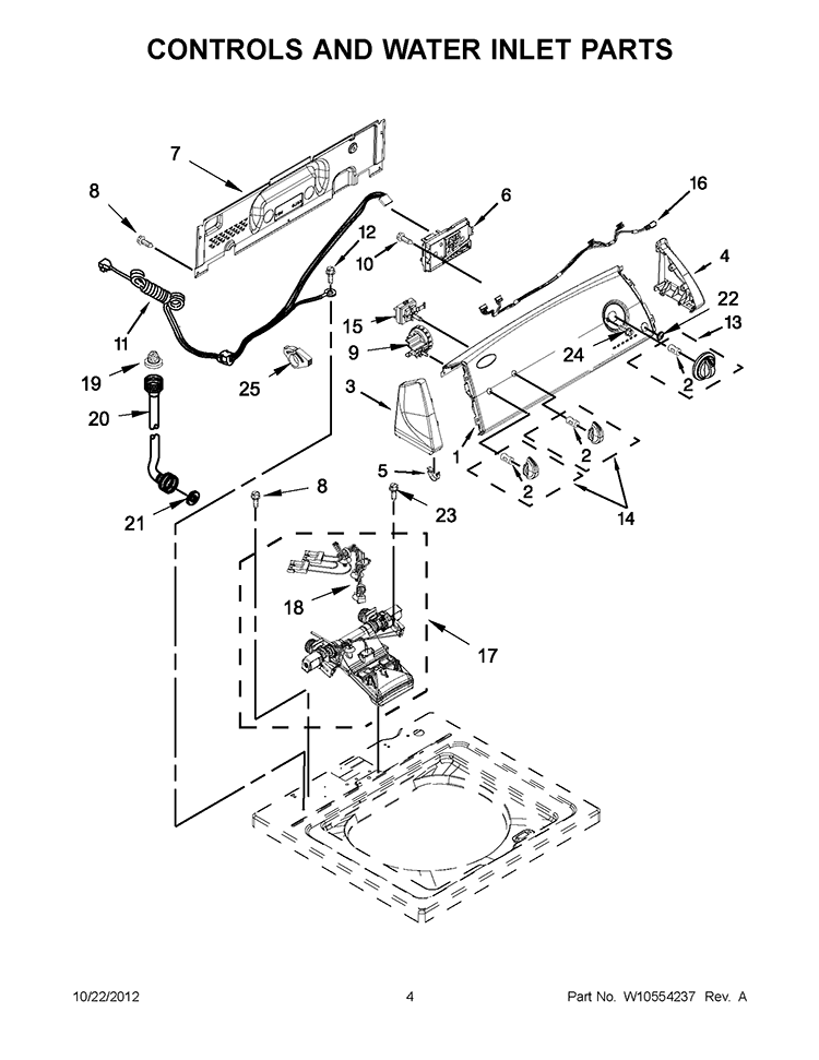 CONTROLS AND WATER INLET PARTS Diagram and Parts List for 7MWTW1501AW1  Whirlpool Washer