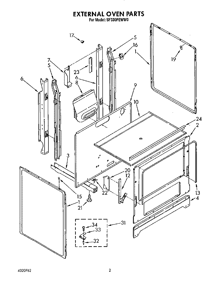EXTERNAL OVEN Diagram and Parts List for SF330PEWW0  Whirlpool Range