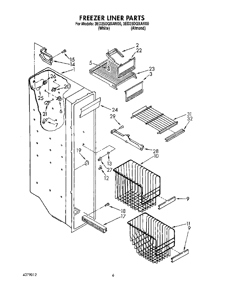 FREEZER LINER Diagram and Parts List for 3ED25DQXAW00  Whirlpool Refrigerator