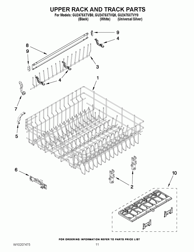 UPPER RACK AND TRACK PARTS Diagram and Parts List for GU2475XTVB0  Whirlpool Dishwasher