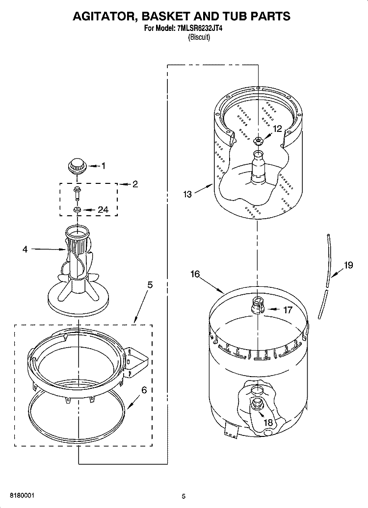 AGITATOR, BASKET AND TUB PARTS Diagram and Parts List for 7MLSR6232JQ4  Whirlpool Washer