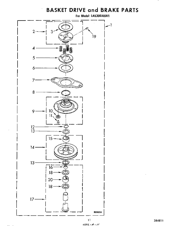 BASKET DRIVE AND BRAKE Diagram and Parts List for LA5300XKW1  Whirlpool Washer