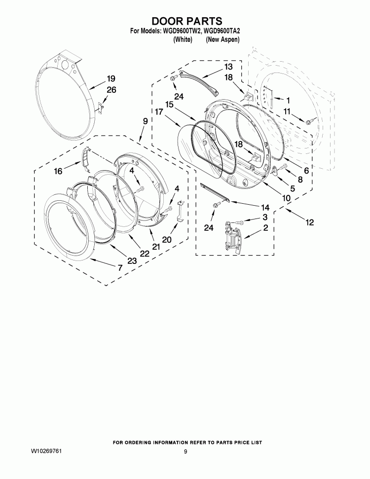 DOOR PARTS Diagram and Parts List for WGD9600TW2  Whirlpool Dryer