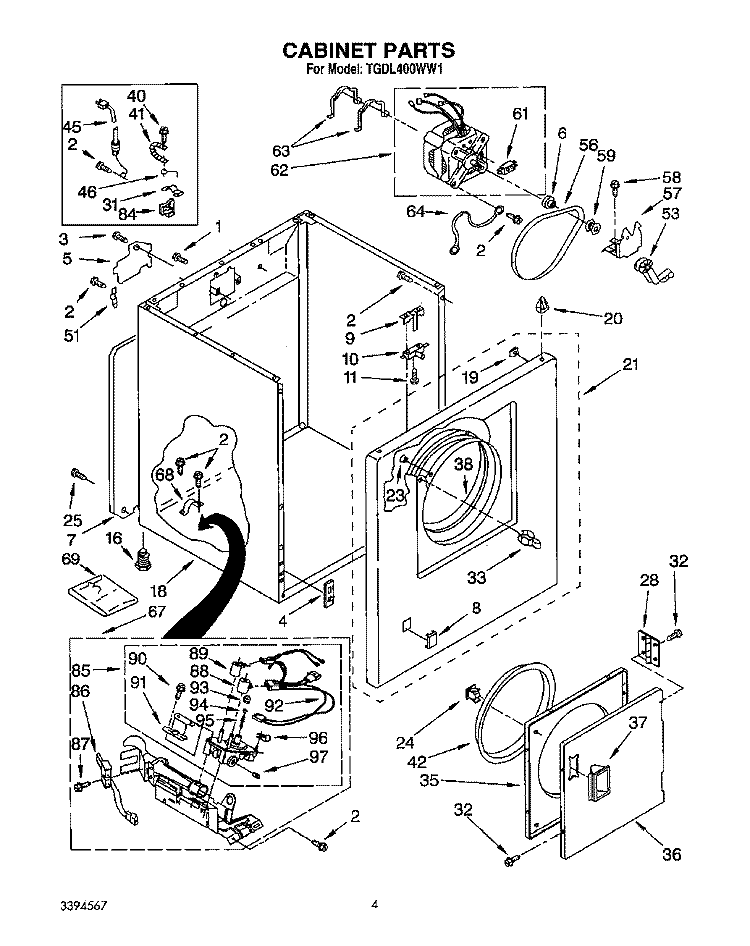 CABINET Diagram and Parts List for TGDL400WN1  Whirlpool Dryer