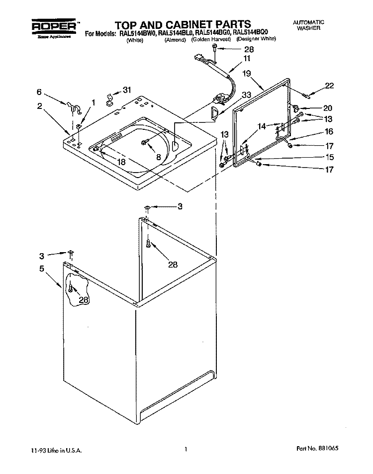 TOP AND CABINET, LITERATURE/OPTIONA Diagram and Parts List for RAL5144BQ0  Whirlpool Washer