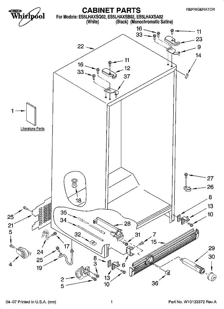 CABINET PARTS Diagram and Parts List for ES5LHAXSA02  Whirlpool Refrigerator