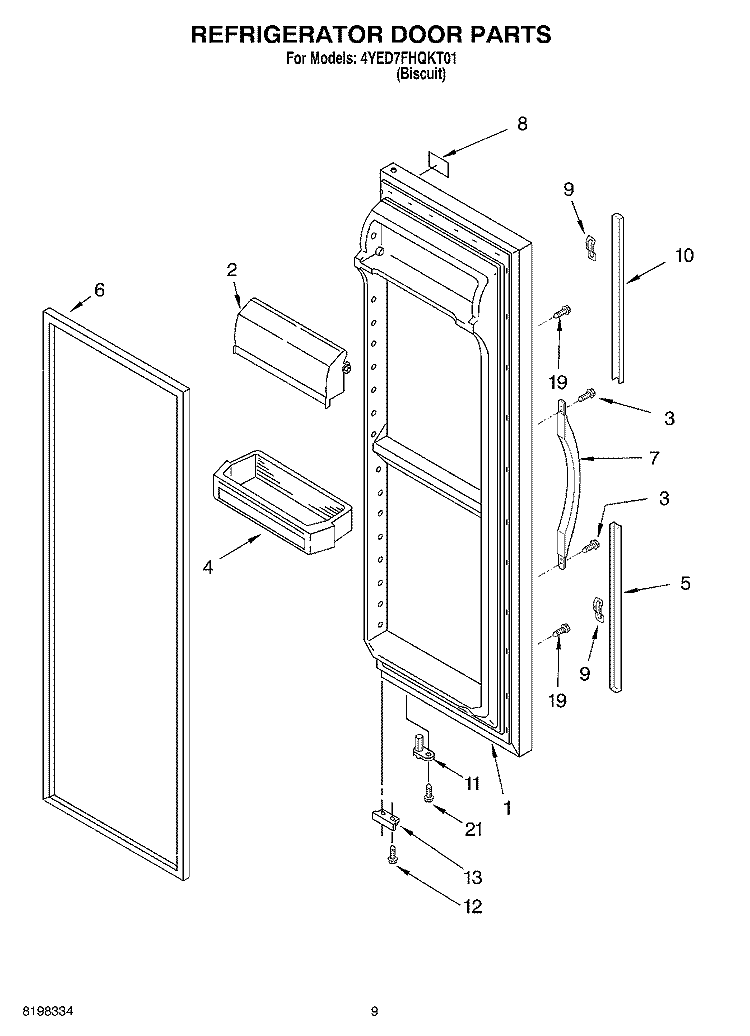 REFRIGERATOR DOOR Diagram and Parts List for 4YED7FHQKT01  Whirlpool Refrigerator