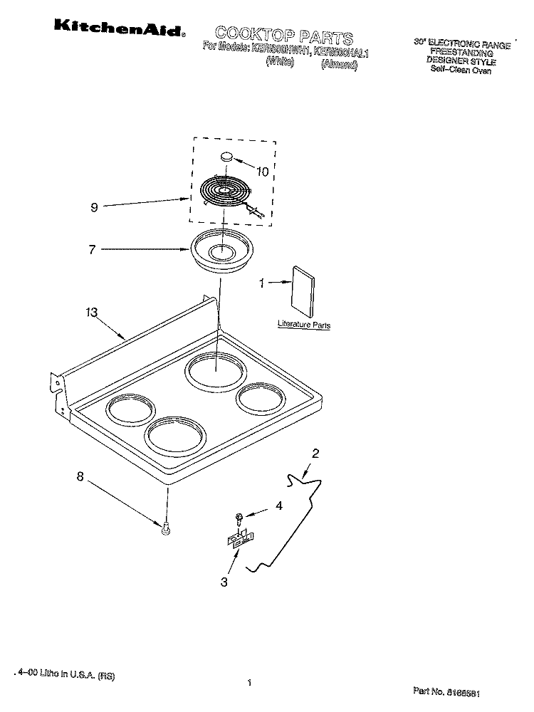COOKTOP, LITERATURE Diagram and Parts List for KERI500HAL1  KitchenAid Range