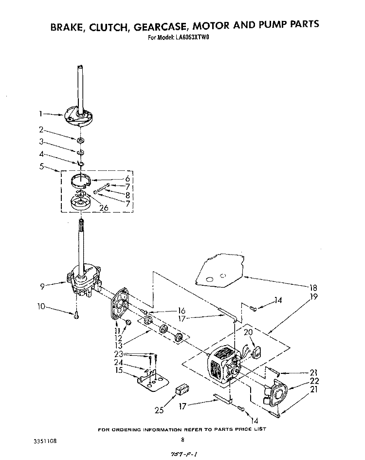 BRAKE, CLUTCH, GEARCASE, MOTOR AND PUMP Diagram and Parts List for LA6053XTF0  Whirlpool Washer