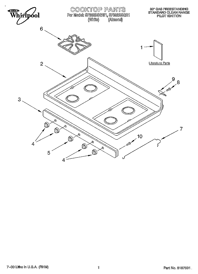 COOKTOP, LITERATURE Diagram and Parts List for SF302BSGW1  Whirlpool Range